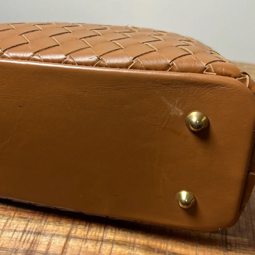 Valentina Fiore Brown Woven Leather Shoulder Bag with Curved Handle, No Strap - Picture 6 of 9